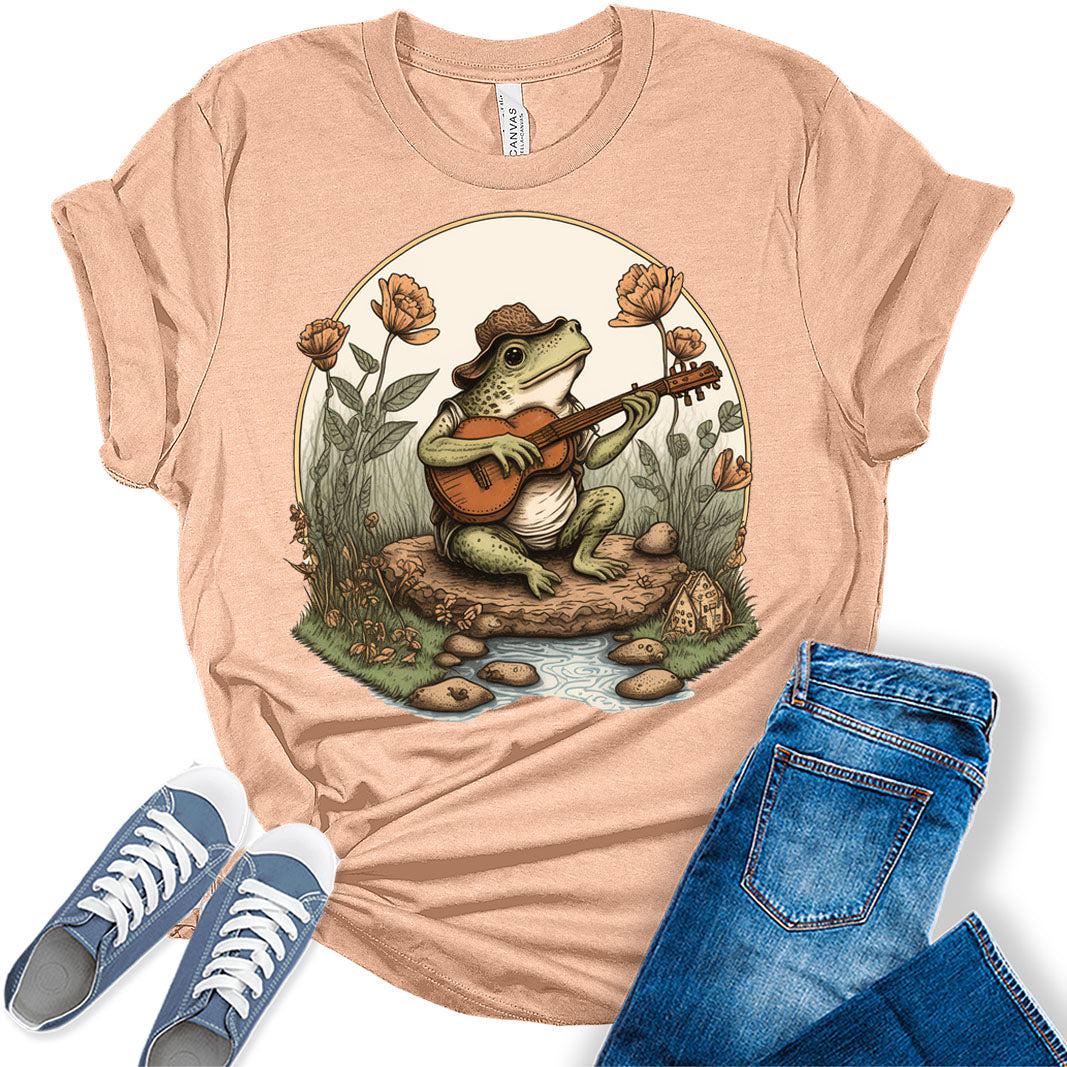 Cottagecore Shirt Aesthetic Frog Playing Guitar On Rock T-Shirt Women's Graphic Print Bella Y2k Top