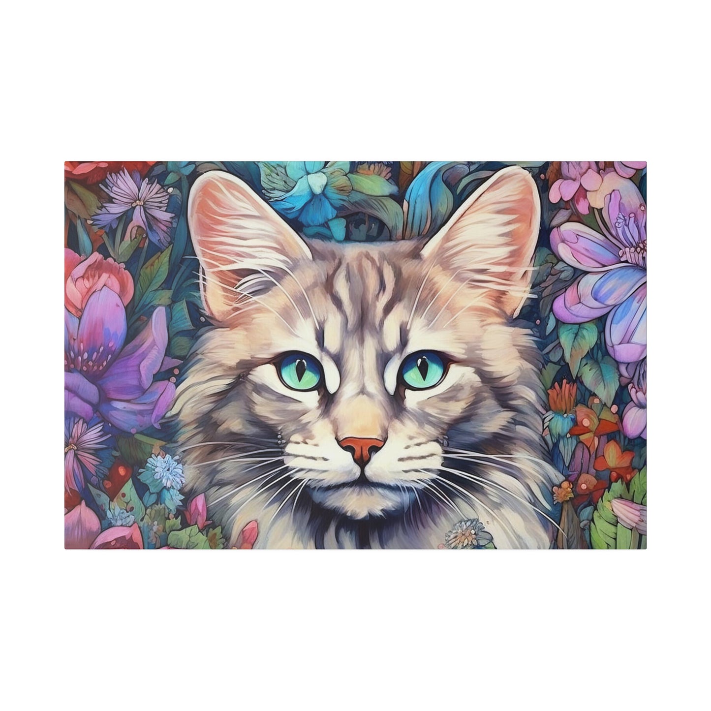 Purple Floral Cat Watercolor Stretched Canvas Print .75" Thick