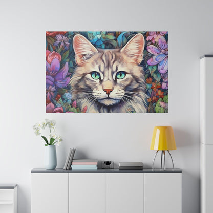 Purple Floral Cat Watercolor Stretched Canvas Print .75" Thick