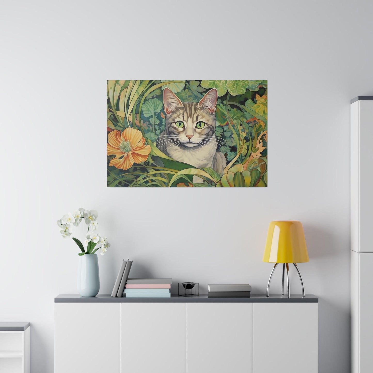 Tropical Floral Cat Stretched Canvas Print .75" Thick