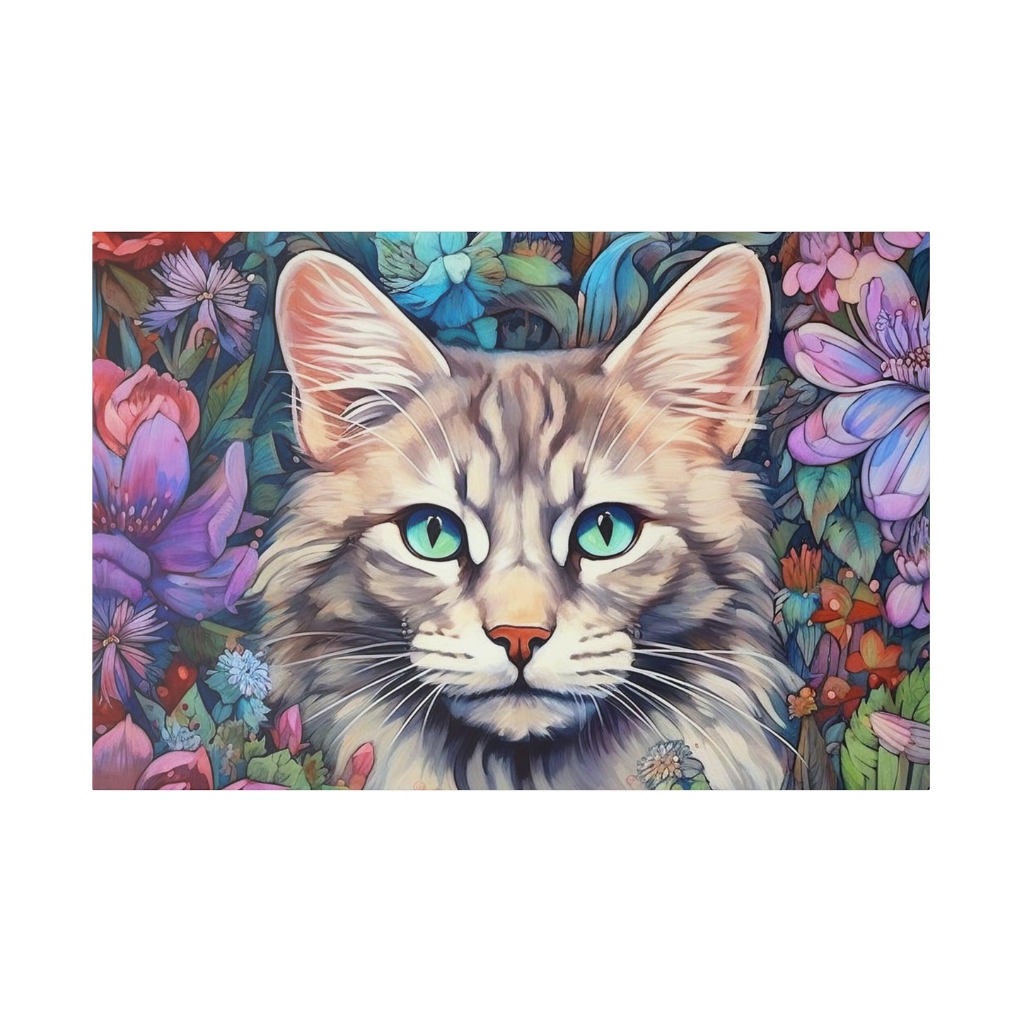 Purple Floral Cat Watercolor Stretched Canvas Print .75" Thick