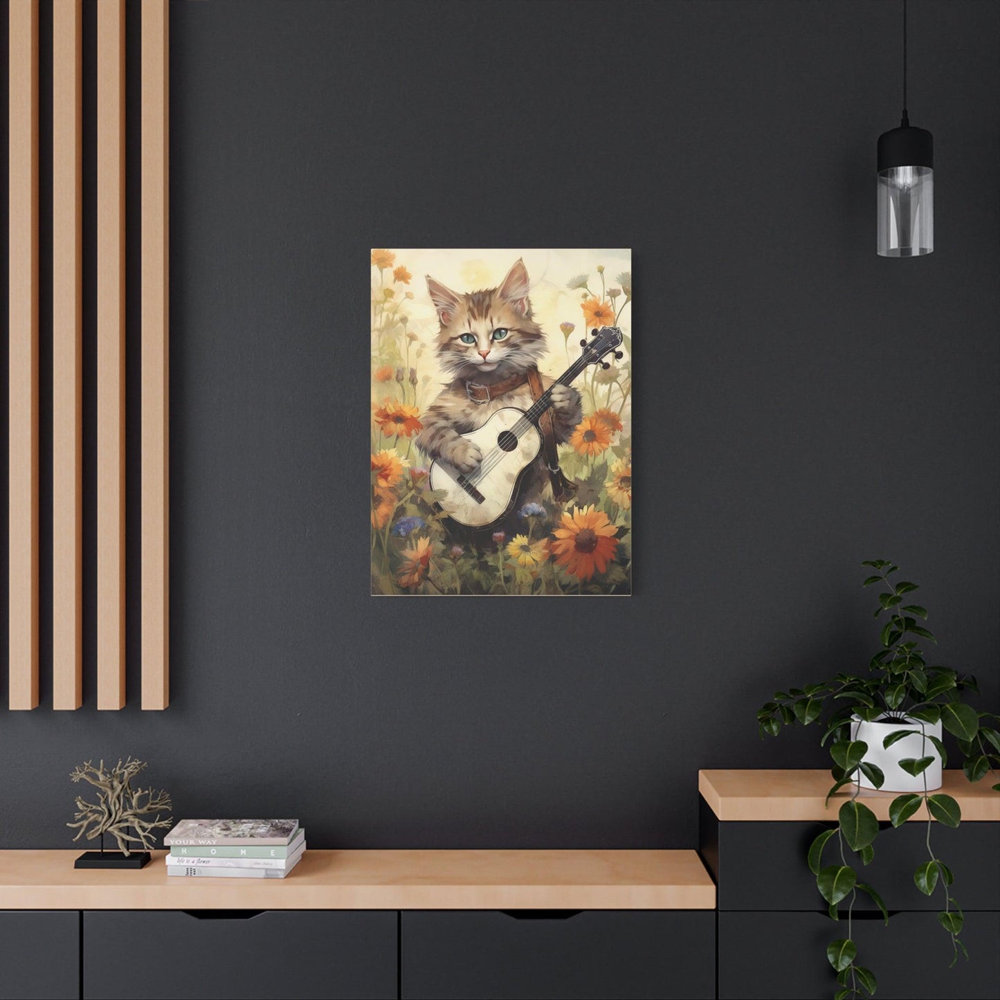 Cat Playing Music Floral Stretched Canvas Print 1.25" Thick