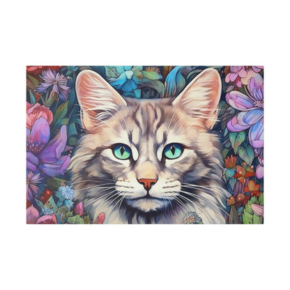 Purple Floral Cat Watercolor Stretched Canvas Print .75" Thick