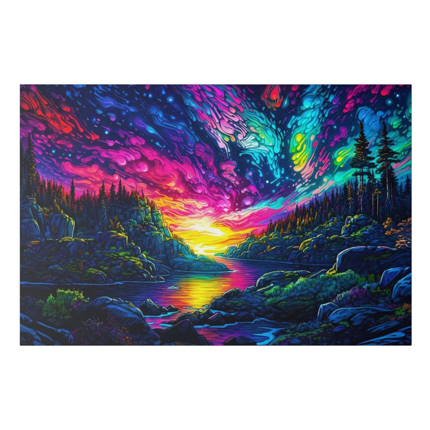 Aurora Borealis Northern Lights River Watercolor Matte Canvas, Stretched, 0.75"