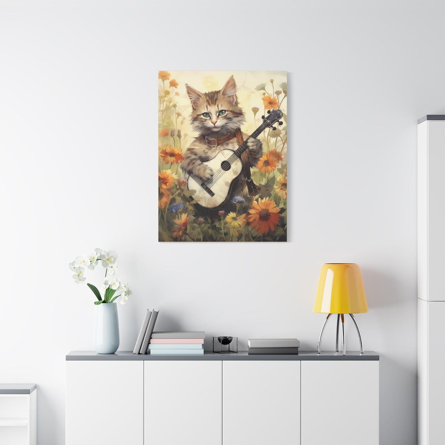 Cat Playing Music Floral Stretched Canvas Print 1.25" Thick