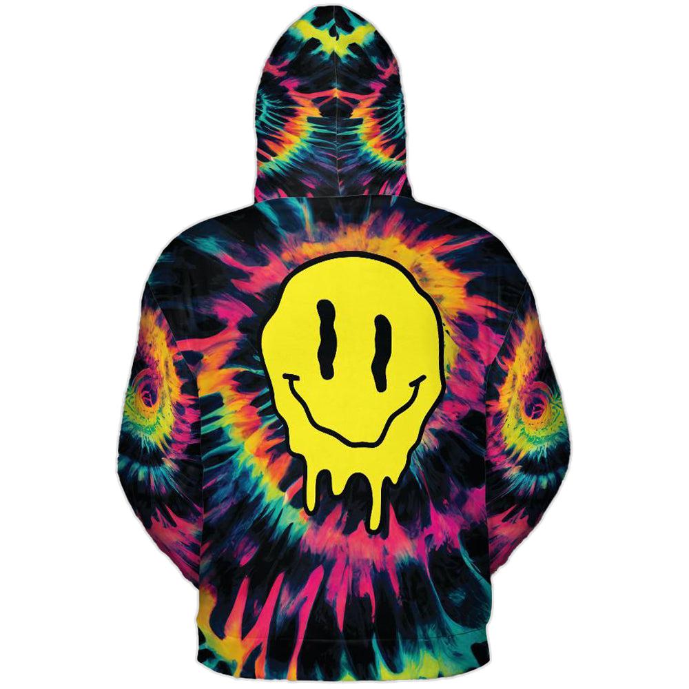 Graphic Print Tie Dye Hoodie Melting Smiley Face Pull Over Sweater