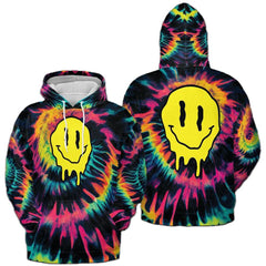 Graphic Print Tie Dye Hoodie Melting Smiley Face Pull Over Sweater