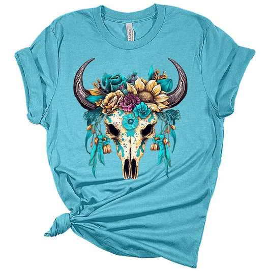 Womans Floral Bull Skull T-Shirt Cute Western Shirt Casual Graphic Tee Short Sleeve Top
