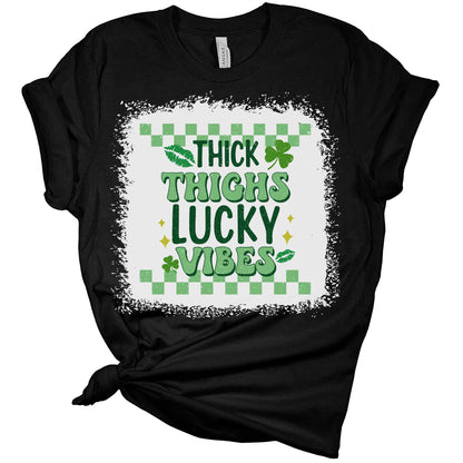 Thick Thighs and Lucky Vibes Shirt St Patricks Day Shirt Irish 80's Retro Graphic Print Shirts for Women