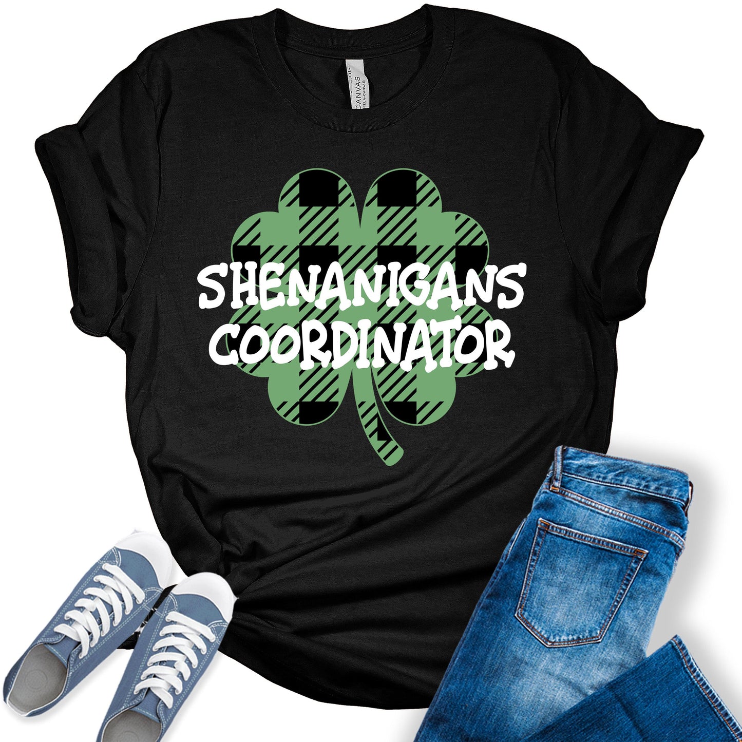 Shenanigans Coordinator Shirt St Patricks Day T-Shirt Bella Irish Plaid Clover Graphic Print Shirts for Women