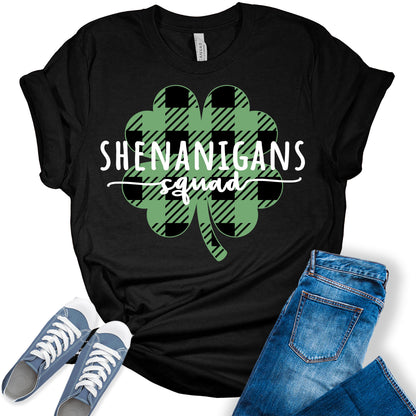 Shenanigans Squad Shirt St Patricks Day T-Shirt Bella Plaid Irish Clover Graphic Print Shirts for Women