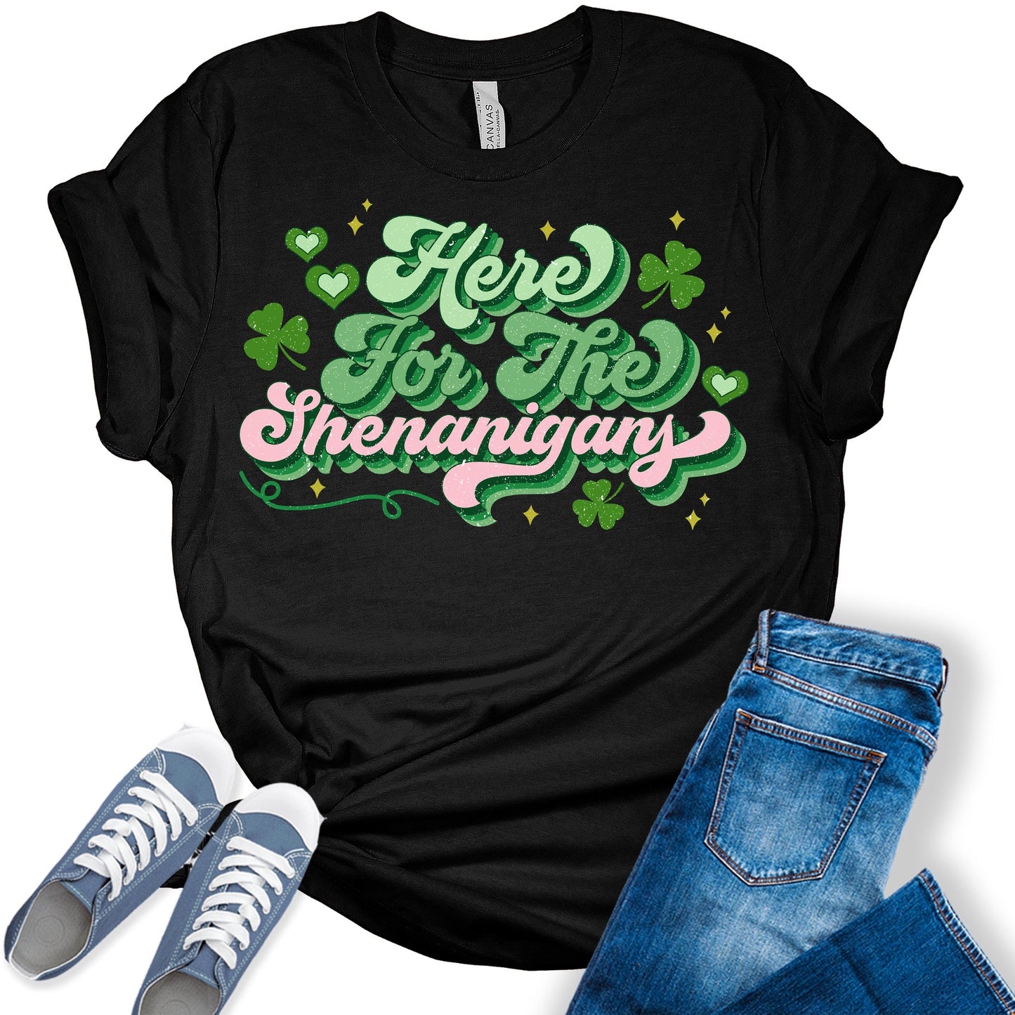 Here for The Shenanigans Shirt St Patricks Day Shirt Bella Irish Graphic Print Shirts for Women