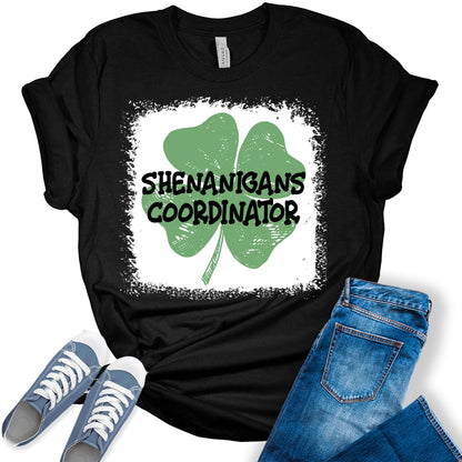 Shenanigans Coordinator Shirt St Patricks Day T-Shirt Irish Clover Bleach Graphic Print Shirts for Women