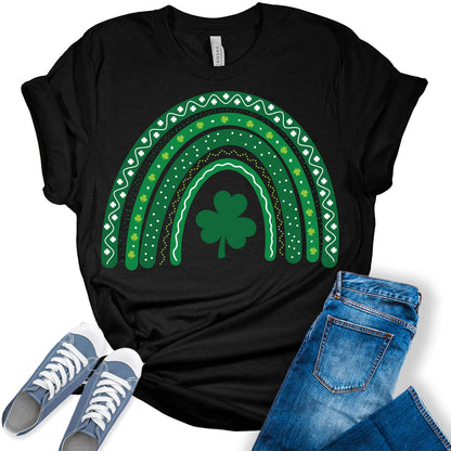 Rainbow Shamrock Shirt St Patricks Day T-Shirt Bella Irish Graphic Print Shirts for Women