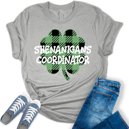 Shenanigans Coordinator Shirt St Patricks Day T-Shirt Bella Irish Plaid Clover Graphic Print Shirts for Women