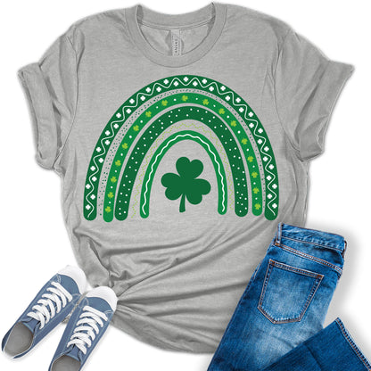 Rainbow Shamrock Shirt St Patricks Day T-Shirt Bella Irish Graphic Print Shirts for Women