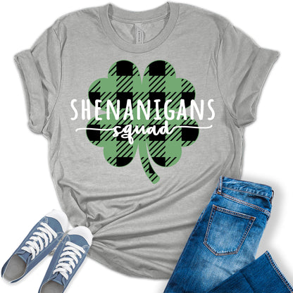 Shenanigans Squad Shirt St Patricks Day T-Shirt Bella Plaid Irish Clover Graphic Print Shirts for Women