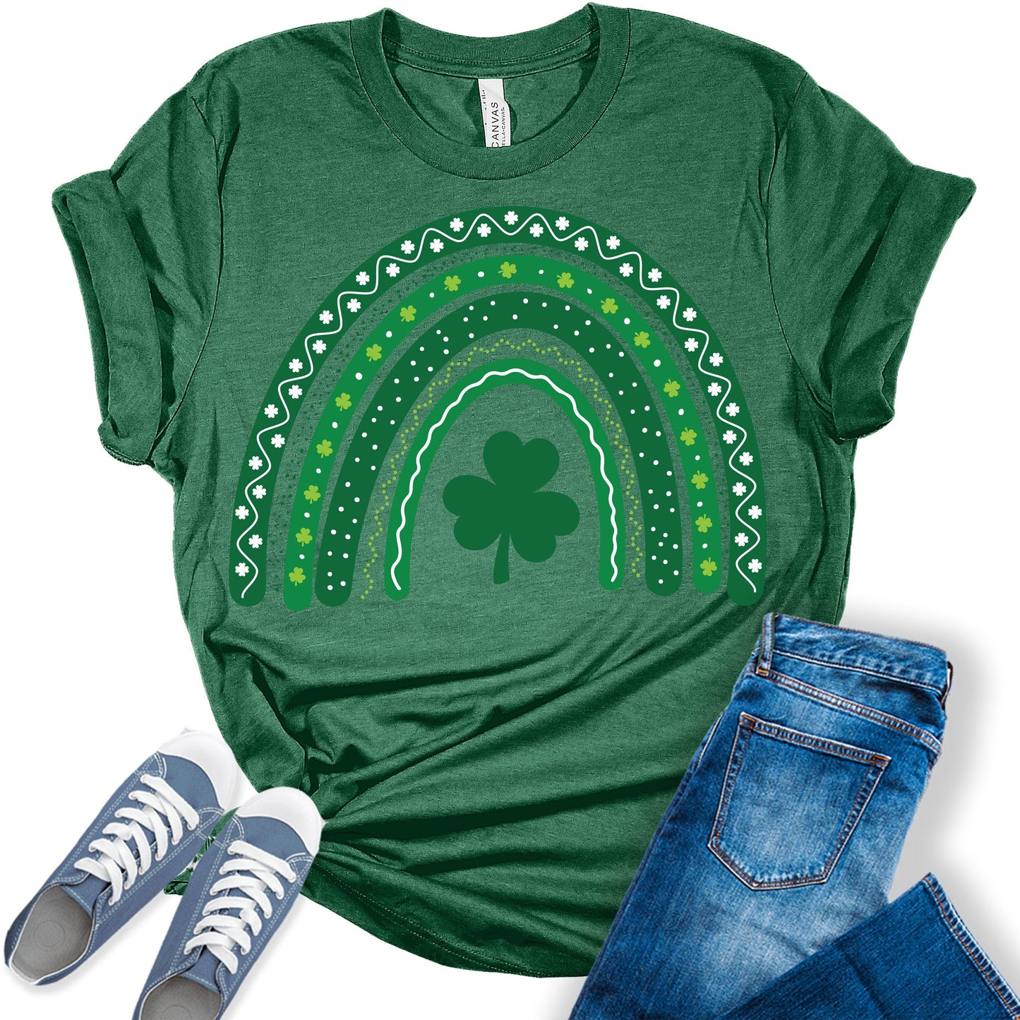 Rainbow Shamrock Shirt St Patricks Day T-Shirt Bella Irish Graphic Print Shirts for Women