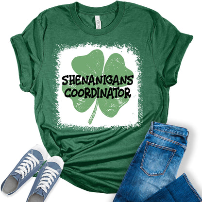 Shenanigans Coordinator Shirt St Patricks Day T-Shirt Irish Clover Bleach Graphic Print Shirts for Women