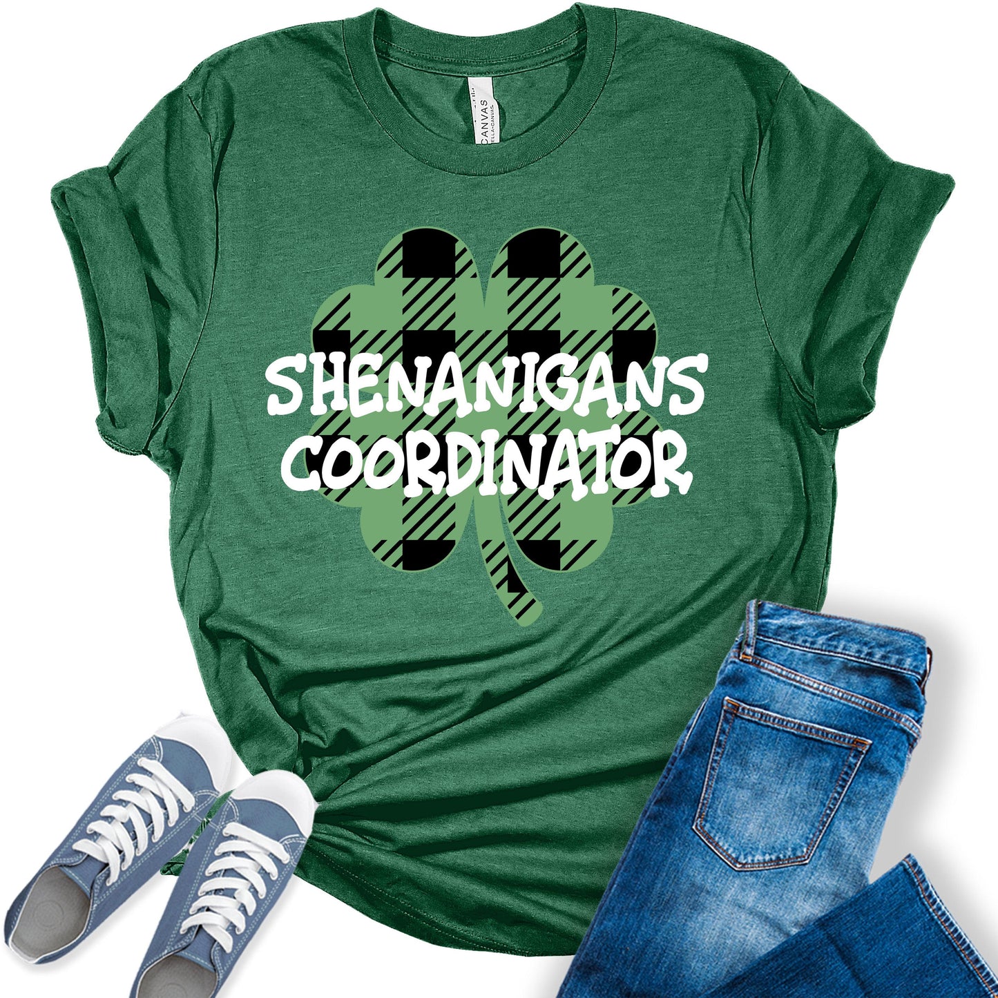 Shenanigans Coordinator Shirt St Patricks Day T-Shirt Bella Irish Plaid Clover Graphic Print Shirts for Women