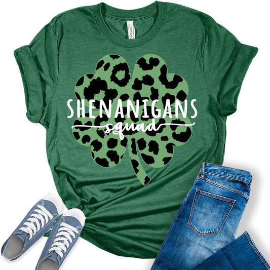 Shenanigans Squad Shirt St Patricks Day T-Shirt Bella Irish Clover Graphic Print Shirts for Women