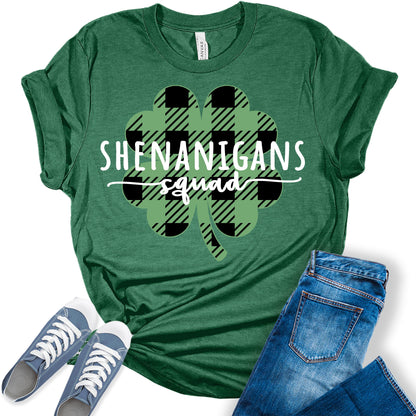 Shenanigans Squad Shirt St Patricks Day T-Shirt Bella Plaid Irish Clover Graphic Print Shirts for Women