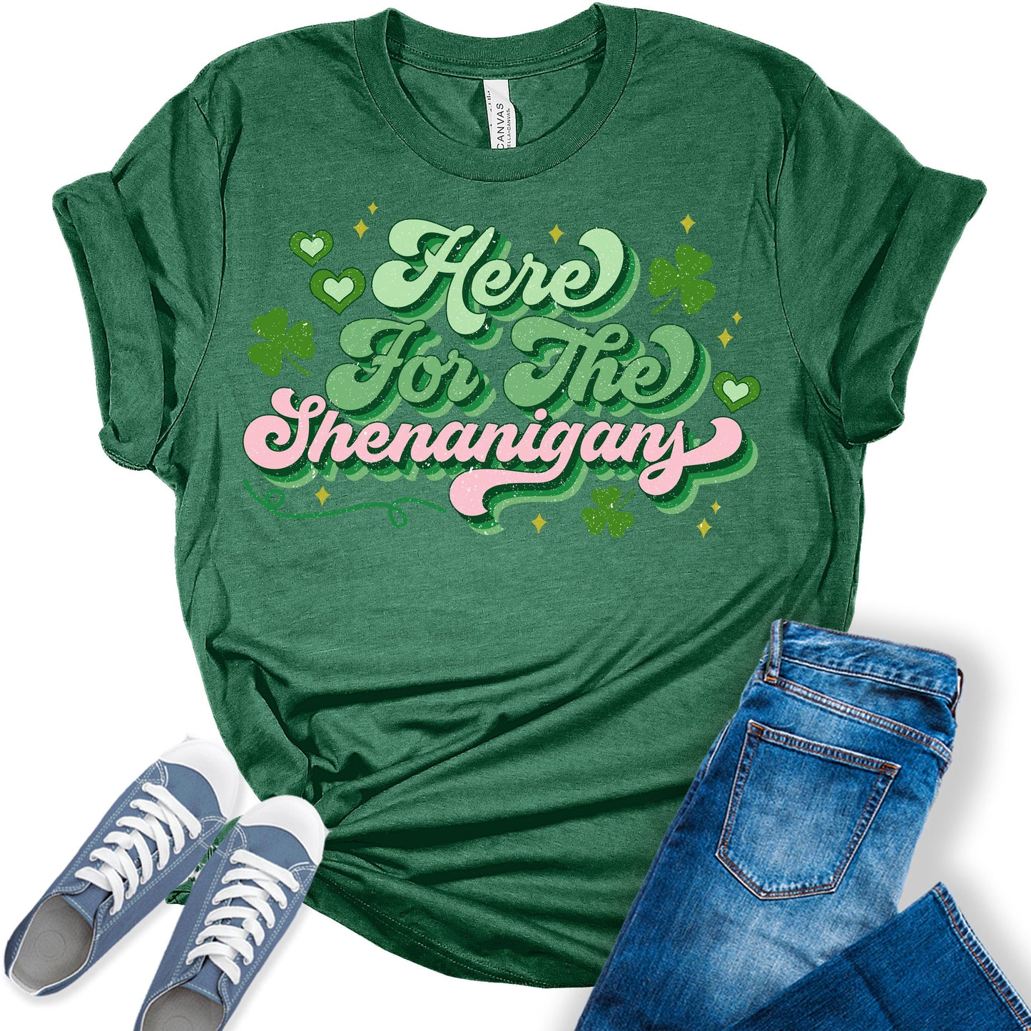 Here for The Shenanigans Shirt St Patricks Day Shirt Bella Irish Graphic Print Shirts for Women