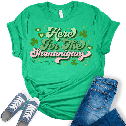 Here for The Shenanigans Shirt St Patricks Day Shirt Bella Irish Graphic Print Shirts for Women