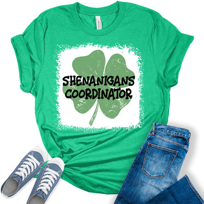 Shenanigans Coordinator Shirt St Patricks Day T-Shirt Irish Clover Bleach Graphic Print Shirts for Women