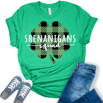 Shenanigans Squad Shirt St Patricks Day T-Shirt Bella Plaid Irish Clover Graphic Print Shirts for Women