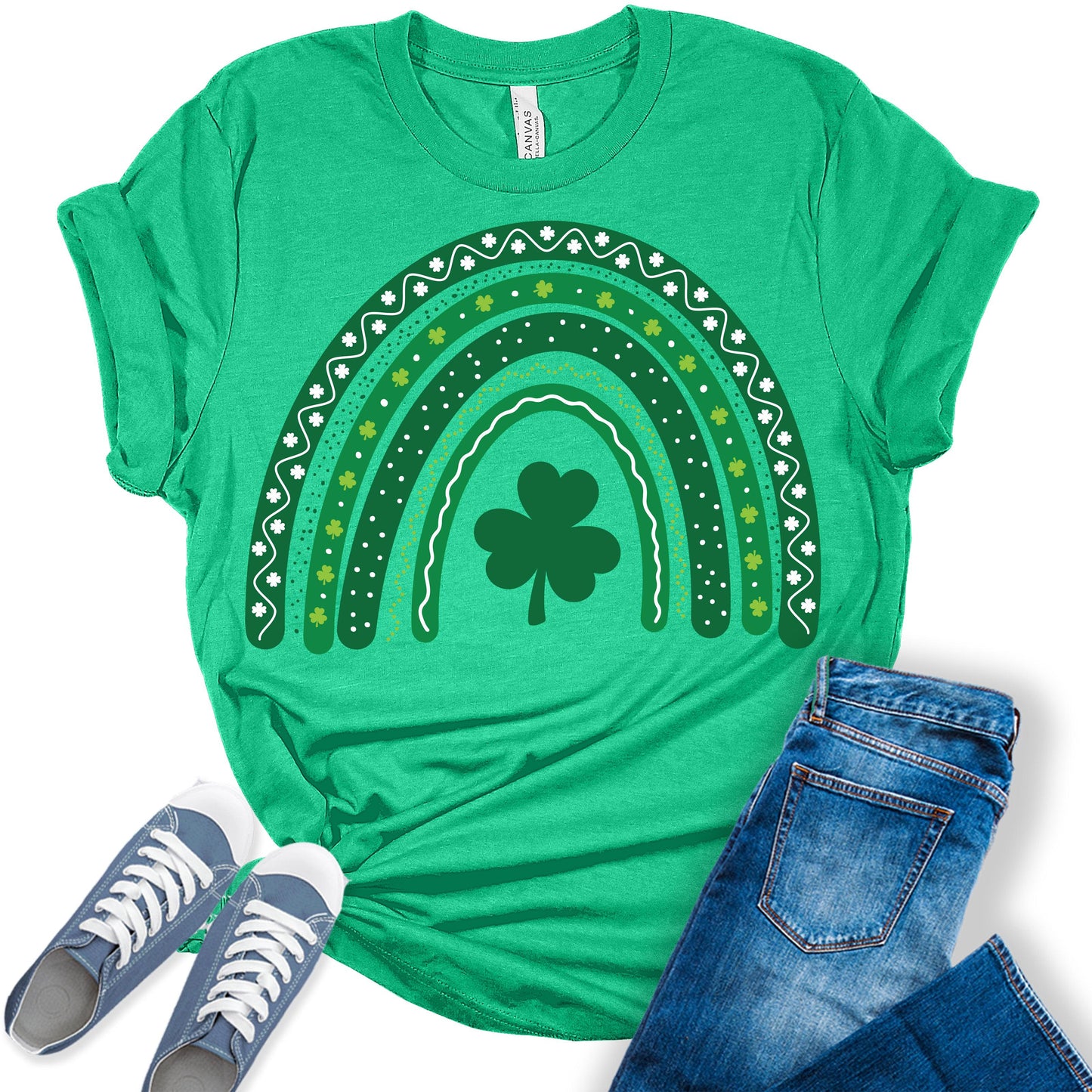 Rainbow Shamrock Shirt St Patricks Day T-Shirt Bella Irish Graphic Print Shirts for Women