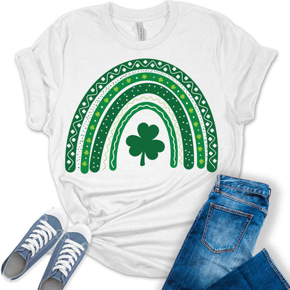 Rainbow Shamrock Shirt St Patricks Day T-Shirt Bella Irish Graphic Print Shirts for Women