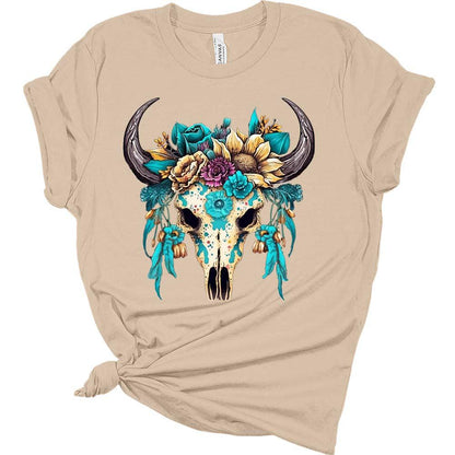 Womans Floral Bull Skull T-Shirt Cute Western Shirt Casual Graphic Tee Short Sleeve Top