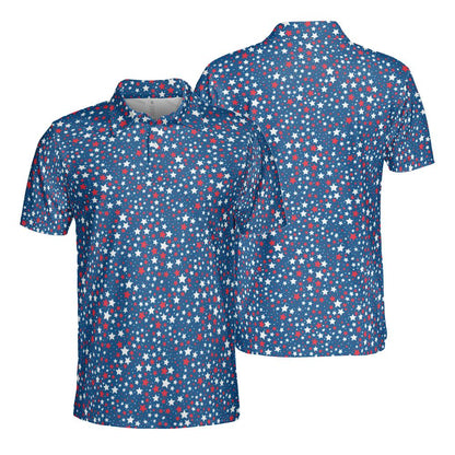 4th of July Polo Shirts for Men Blue Patriotic Stars Moisture Wicking Short Sleeve Golf Shirt