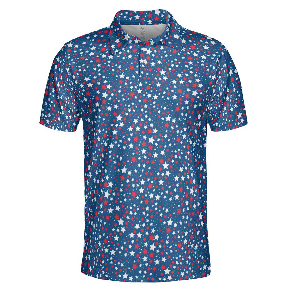 4th of July Polo Shirts for Men Blue Patriotic Stars Moisture Wicking Short Sleeve Golf Shirt